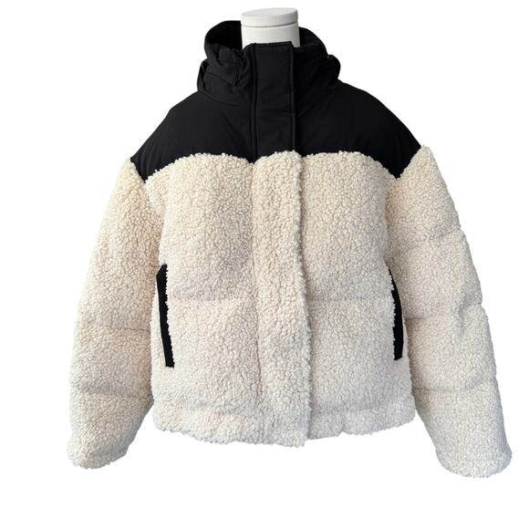 Maje Quilted Sherpa Puffer Coat Jacket Ecru Black Size 1 US 2-4 - Picture 3 of 12